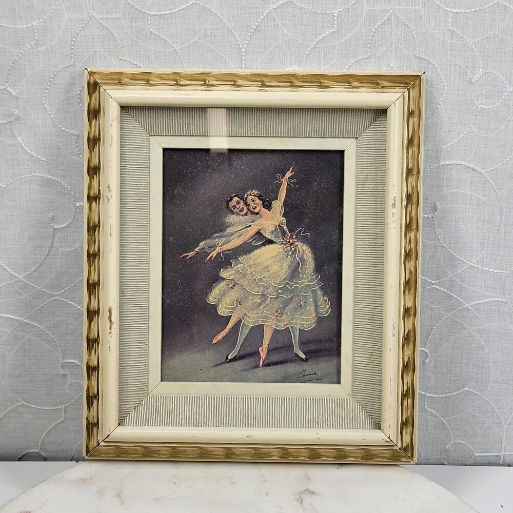 Vtg Carina Ballet Lithograph 11" Handmade Shadow Box Wood Frame Gold Accents MCM